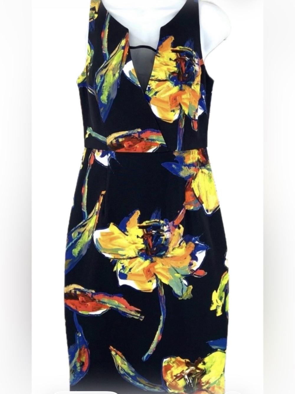 NWT Milly Ella Dress Women's Black Yellow Sheath V-Neck Pop Art Floral Dress
